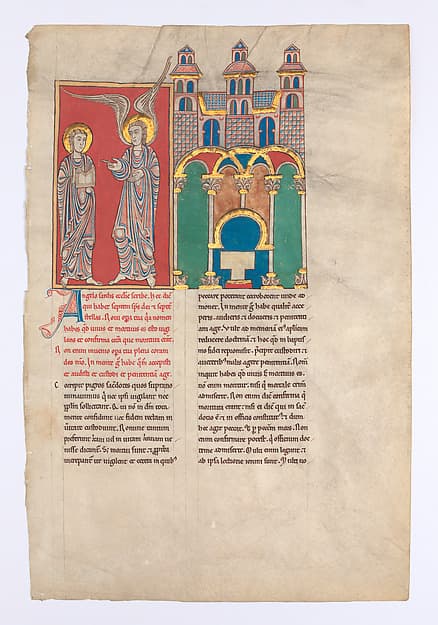 Leaf from a Beatus Manuscript: the Angel of the Church of Sardis with Saint John by unknown artist, ca. 1180.