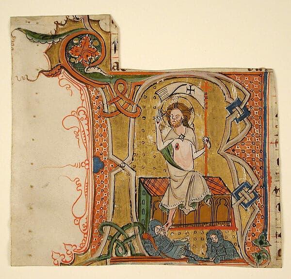 Manuscript Leaf Showing an Illuminated Initial R with The Resurrection by unknown artist, late 13th century.