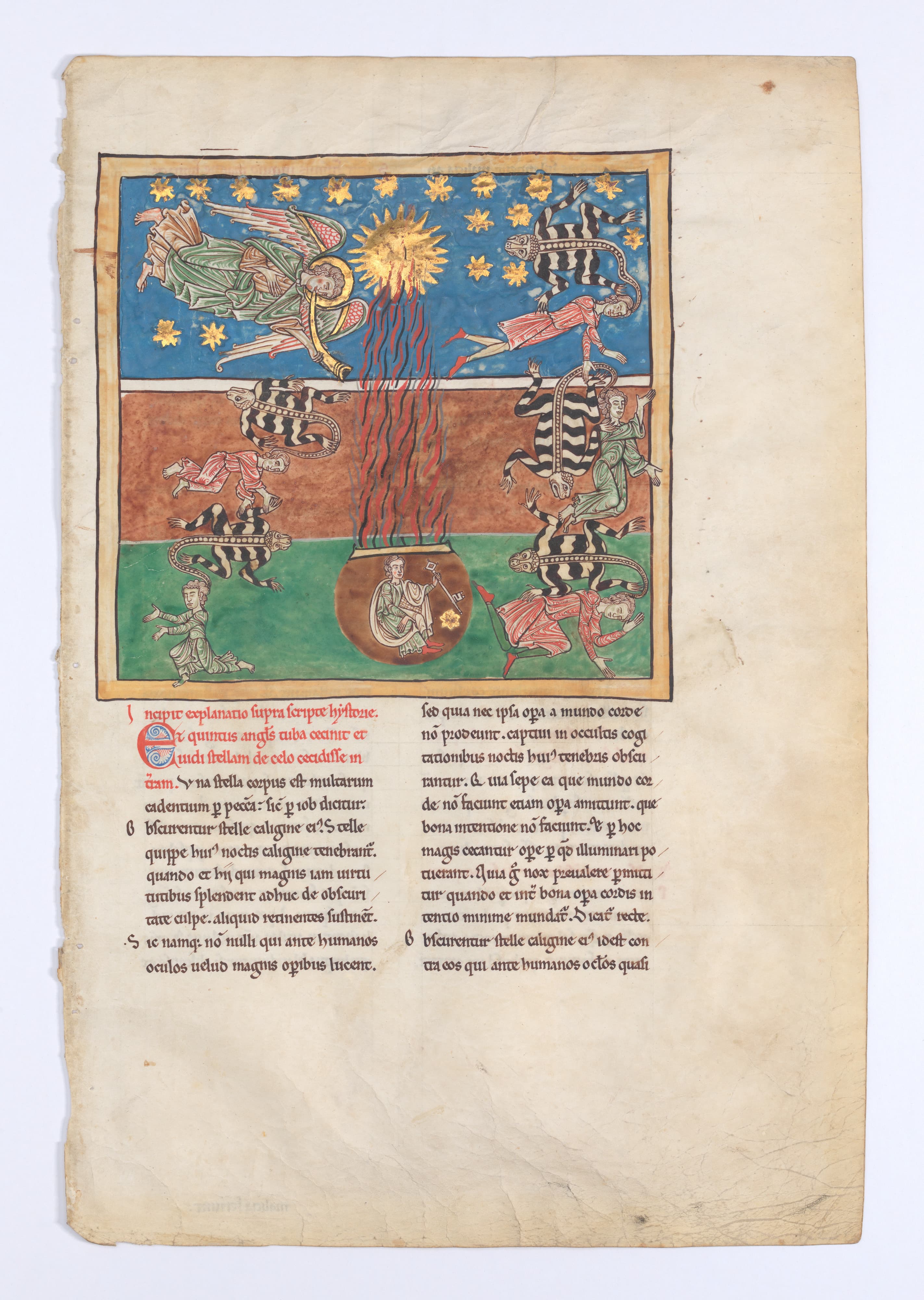 Leaf from a Beatus Manuscript: at the Clarion of the Fifth Angel's Trumpet, a Star Falls from the Sky; the Bottomless Pit is Opened with a Key; Emerging from the Smoke, Locusts Come Upon the Earth and Torment the Deathless by unknown artist, ca. 1180.