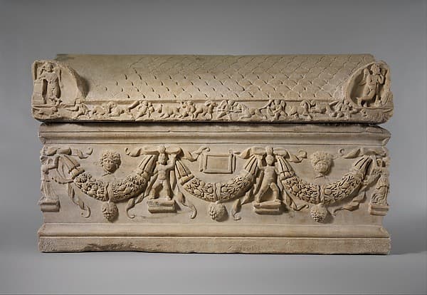 Marble sarcophagus with garlands by unknown artist, ca. 200–225 CE.