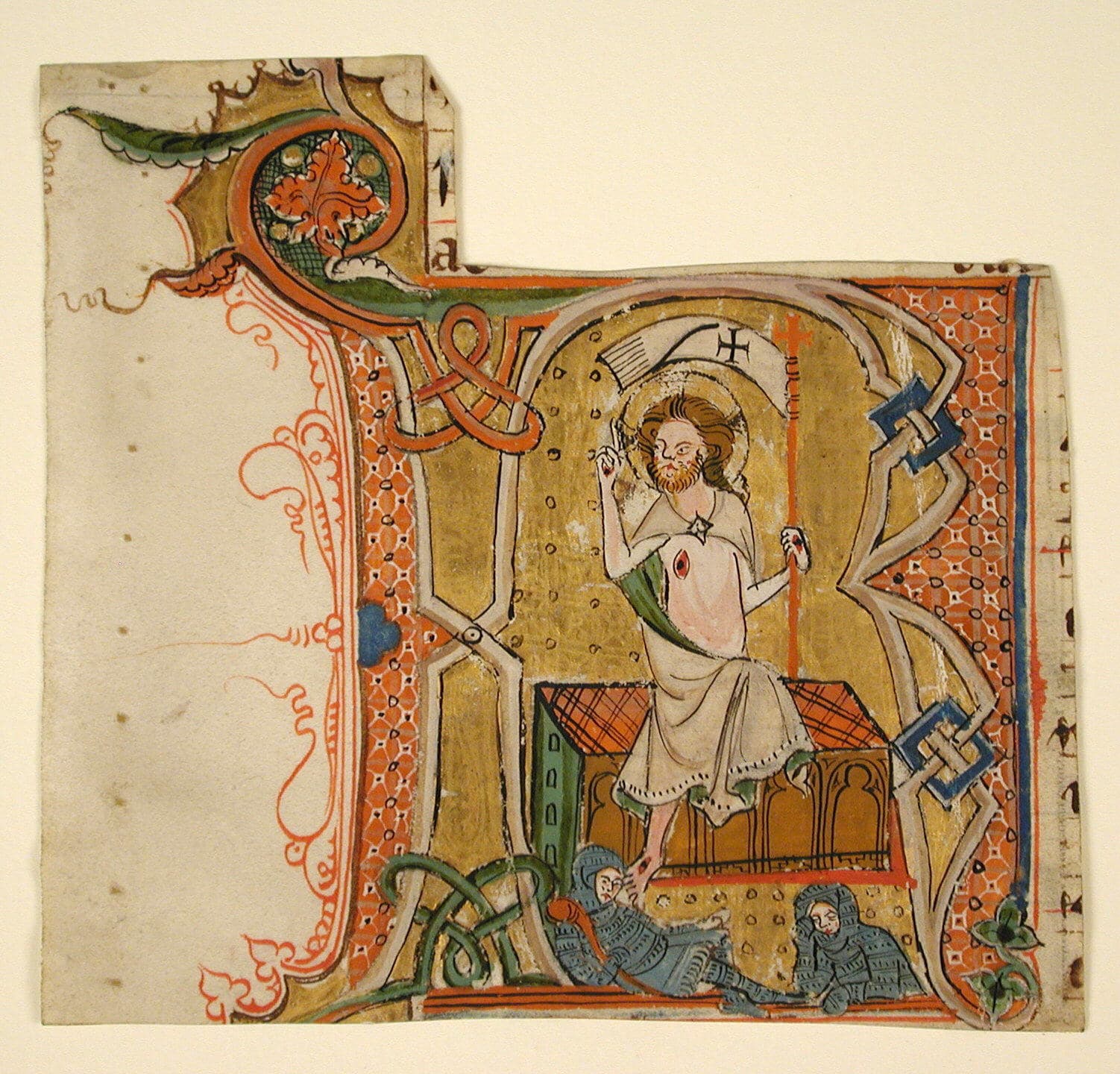 Manuscript Leaf Showing an Illuminated Initial R with The Resurrection by unknown artist, late 13th century.
